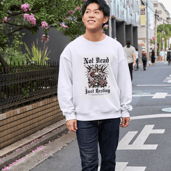 White T-shirt/Sweatshirt with design that reads "Not Dead, Just Resting."